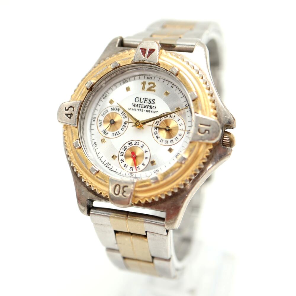 Vintage Guess 37mm Two Tone Day Date Unisex Watch Stainless Steel w New Battery